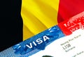 Belgium immigration visa. Closeup Visa to Belgium focusing on word VISA, 3D rendering. Travel or migration to Belgium destination Royalty Free Stock Photo