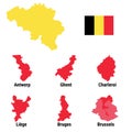 Belgium infographic map city Brussels Bruxelles, Liege Luik, Gent Ghent, Brugge Bruges, Charleroi, Antwerp Antwerpen with national