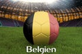 Belgium on Belgium language on football team ball on big stadium background. Belgium Team competition concept. Belgium flag on bal Royalty Free Stock Photo