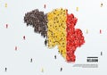 Belgium Map and Flag. A large group of people in the Belgian flag color form to create the map.