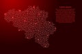 Belgium map from red pattern of the maze grid and glowing space stars grid. Vector illustration