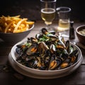 Belgium Moules-frites & x28;Mussels and Fries& x29; in a Lively Seafood Market Scene