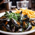 Belgium Moules-frites & x28;Mussels and Fries& x29; in a Lively Seafood Market Scene