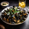 Belgium Moules-frites & x28;Mussels and Fries& x29; in a Lively Seafood Market Scene