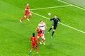 Belgium national football team goalkeeper Thibaut Courtois clearing a cross during EURO 2020 match Belgium vs Russia 3-0