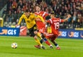Belgium national football team midfielder Thorgan Hazard against Russia national team players Anton Miranchuk and Ilzat Akhmetov