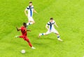 Belgium national football team striker Jeremy Doku against Finland players Daniel O`Shaughnessy and Tim Sparv during EURO 2020