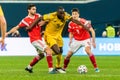 Belgium national football team striker Romelu Lukaku against Russia players Magomed Ozdoyev and Daler Kuzyaev during UEFA Euro