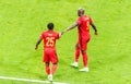 Belgium national football team striker Romelu Lukaku celebrating his goal with Jeremy Doku during EURO 2020 match Finland vs