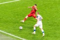 Belgium national football team winger Leandro Trossard against Finland full back Jere Uronen during EURO 2020 match Finland vs