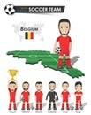 Belgium national soccer cup team . Football player with sports jersey stand on perspective field country map and world map . Set