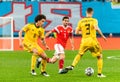 Belgium players Axel Witsel and Thomas Vermaelen against Russia midfielder Magomed Ozdoyev during UEFA Euro 2020 qualification Royalty Free Stock Photo