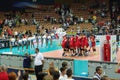Belgium team celebrates winning volleyball game with France