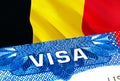 Belgium Visa. Travel to Belgium focusing on word VISA, 3D rendering. Belgium immigrate concept with visa in passport. Belgium Royalty Free Stock Photo