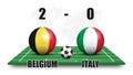 Belgium vs Italy . Soccer ball with national flag pattern on perspective football field . Dotted world map background . Football Royalty Free Stock Photo