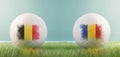 Belgium vs Romania football match infographic template for Euro 2024 matchday scoreline announcement. Two soccer balls with