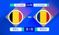 Belgium vs Romania Match Design Element. Flags Icons with transparency isolated on blue background. Football Championship