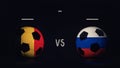 Belgium vs Russia Euro 2020 football matchday announcement. Two soccer balls with country flags, showing match infographic,