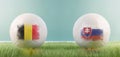 Belgium vs Slovakia football match infographic template for Euro 2024 matchday scoreline announcement. Two soccer balls with