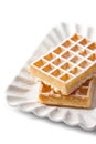 Belgium waffers with sugar powder on ceramic plate isolated on white background