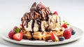 Belgium waffles with chocolate sauce, ice cream and strawberries isolated on white background. Generative Ai