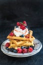 Belgium waffles with fruits and ice cream Royalty Free Stock Photo