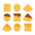 Belgium Waffles Icon Set with Chocolate Topping. Vector