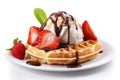 belgium waffles whith strawberry, ice cream and chocolate syrup isolated on white background. Ai generative