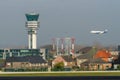 Belgium, Zaventem, Brussels Airport, Plane plane of the Greek company Aegan in front of the control tower