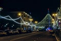Belgorodsky prospect and Sobornaya Cathedral Square with new year decorations and lights fir-tree in Belgorod city.