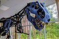 Mechanical tyrannosaurus rex. Hand-operated robot dinosaur. Dinopark of Belgorod city