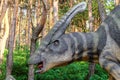 Parasaurolophus in the forest of Belgorod dinopark. Face of herbivorous dinosaur close-up Royalty Free Stock Photo