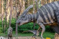 Statue of parasaurolophus in the forest of Belgorod dinopark. Herbivorous dinosaur