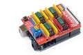 Belgrade - 20.02.2022. - Arduino CNC Shield motherboard with stepper drivers isolated above white background