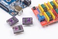 Belgrade - 20.02.2022. - Arduino CNC Shield motherboard with stepper drivers isolated above white background