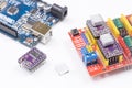 Belgrade - 20.02.2022. - Arduino CNC Shield motherboard with stepper drivers isolated above white background