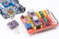 Belgrade - 20.02.2022. - Arduino CNC Shield motherboard with stepper drivers isolated above white background