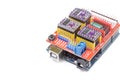 Belgrade - 20.02.2022. - Arduino CNC Shield motherboard with stepper drivers isolated above white background