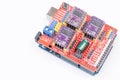 Belgrade - 20.02.2022. - Arduino CNC Shield motherboard with stepper drivers isolated above white background