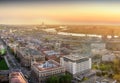 Belgrade downtown, Ada, Gazela bridges, Sava River Waterfront by dusk aerial panorama Royalty Free Stock Photo