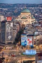 Belgrade downtown skyline with temple of Saint Sava, new fountain, Hotel Slavija and Slavija square.