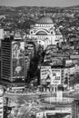 Belgrade downtown skyline with temple of Saint Sava, new fountain, Hotel Slavija and Slavija square.