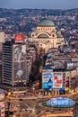 Belgrade downtown skyline with temple of Saint Sava, new fountain, Hotel Slavija and Slavija square.