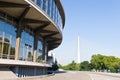 Belgrade fair glass building reflections with Ada bridge in background Royalty Free Stock Photo