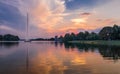 Belgrade lake Ada Ciganlija, beautiful sunset and water reflection