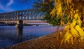 Railway and Gazela bridges Sava River, Belgrade, Serbia, autumn yellow foliage Royalty Free Stock Photo