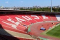 BELGRADE, SERBIA - AUGUST 2019: Red Star stadium Delije sector and city skyline