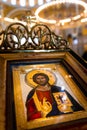 Belgrade, Serbia - December 20, 2022: Icon of Jesus Christ in Byzantine style orthodox temple named Saint Sava in Belgrade Royalty Free Stock Photo