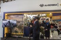 Air Serbia staff making a VR virtual reality demostration of their planes in their main boutique.