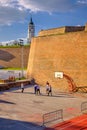 Teenagers playing basketball at basketball court in Belgrade fortress in Serbia